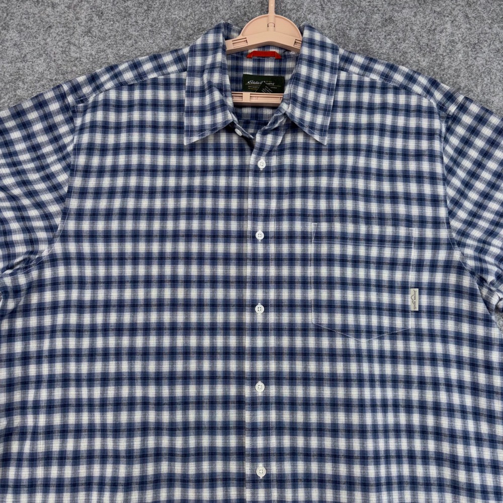 Eddie Bauer Mens XL Blue White Gingham Plaid Cotton Short Sleeve Button Down